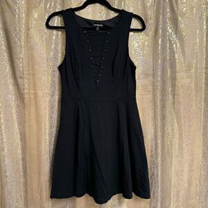 Express Black Skater Mini Form Fitting Dress Mesh V Neck Studs Medium